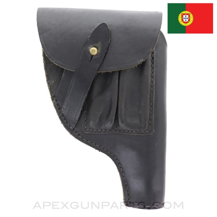P38 Pistol Flap Holster w/ 2 Magazine Pockets, Portuguese Issue, Black Leather *Very Good*