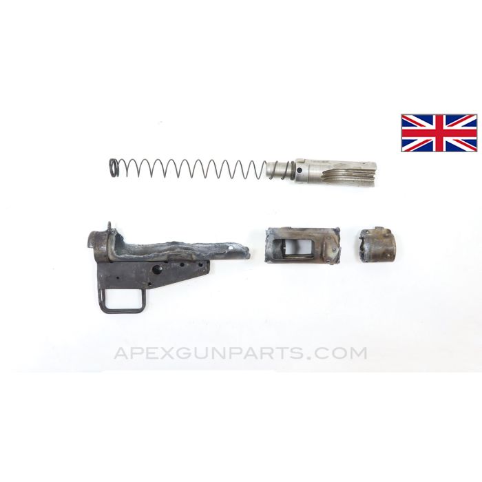 STEN MK 3 SMG Parts, Bolt,  Recoil Spring, Stripped FCG Housing, Magwell & Front Sight, 9mm Luger *Fair*