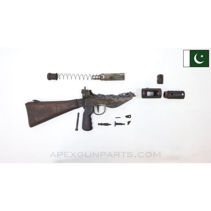 STEN MK 5 SMG Parts Set, w/ Wood Stock & Grip, Cut Trigger Housing Tabs, 9mm Luger, Pakistan *Good*