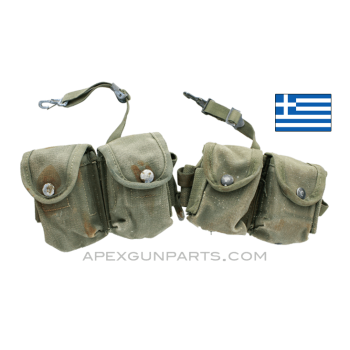 SPECIAL! Set of 2 M1 Garand En-Bloc Ammunition Pouches, OD Canvas, Greek *Good/Stained/Worn* 