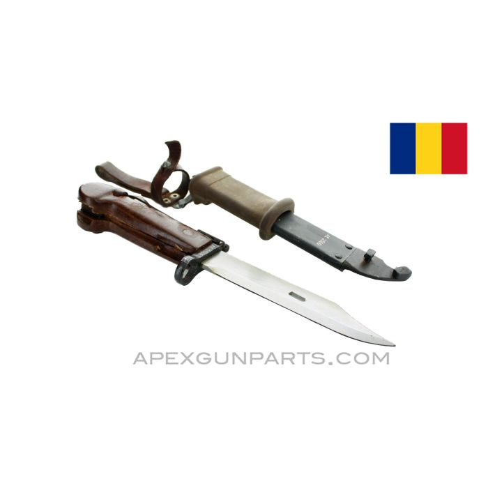 Romanian AK-47 Bayonet & Scabbard w/ Leather Hanger & C-Strap, Type 2 *Good* 