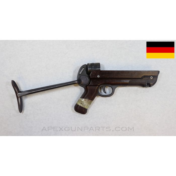MP-40 Lower Receiver and Grip Frame w/ Folding Stock, Bnz 42 Marked, Brown Bakelite, Left Side Grip Panel Broken *Good*