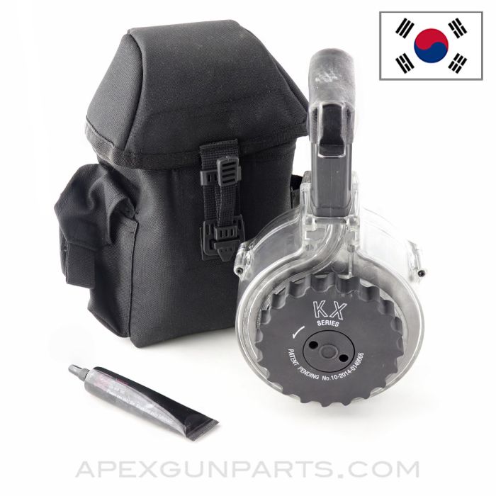 KCI AR-15 Drum Magazine With Clear Back, 50rd, Black Carry Pouch, .223/5.56, *NOS / As-Is*