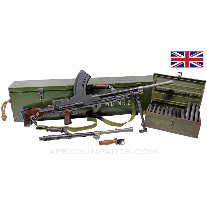 BREN MK1 Display Machine Gun & Transit Chest, Non-Functional, w/ Extra Barrel and Spare Magazines, WWII, Metal, .303BR *Good* 