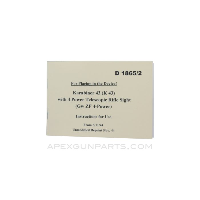 Gewehr G43 / Karabiner K43 Operator's Manual, Kept In Rifle, Translation & Reprint of the Original 1944 Paperback *NEW*