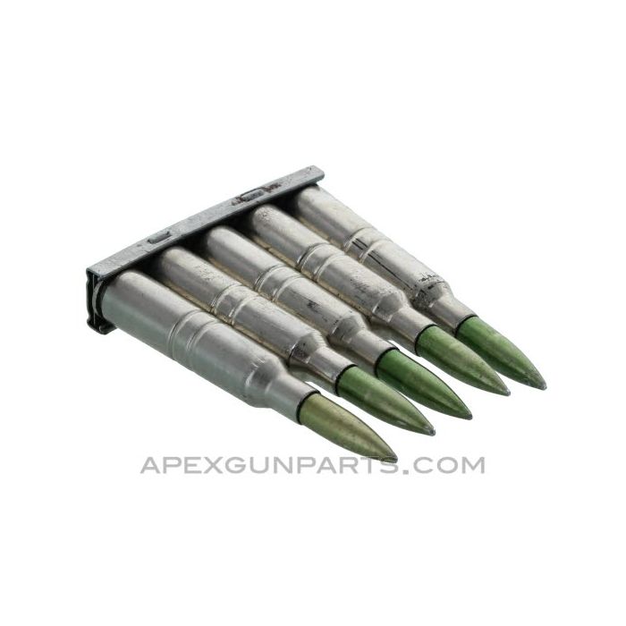 (5) Pack Dummy Rounds with (1) Swedish Mauser M96 Stripper Clip, 6.5mm, Green w/Pointed Nose, *Good, Rusty* 