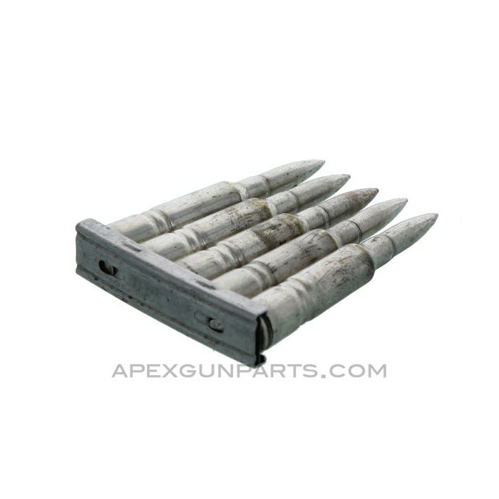 (5) Pack Dummy Rounds with (1) Swedish Mauser M96 Stripper Clip, 6.5mm, Silver w/Pointed Nose, *Good, Rusty* 