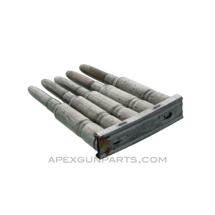 (5) Pack Dummy Rounds with (1) Swedish Mauser M96 Stripper Clip, 6.5mm, Silver w/Round Nose, *Good, Rusty* 