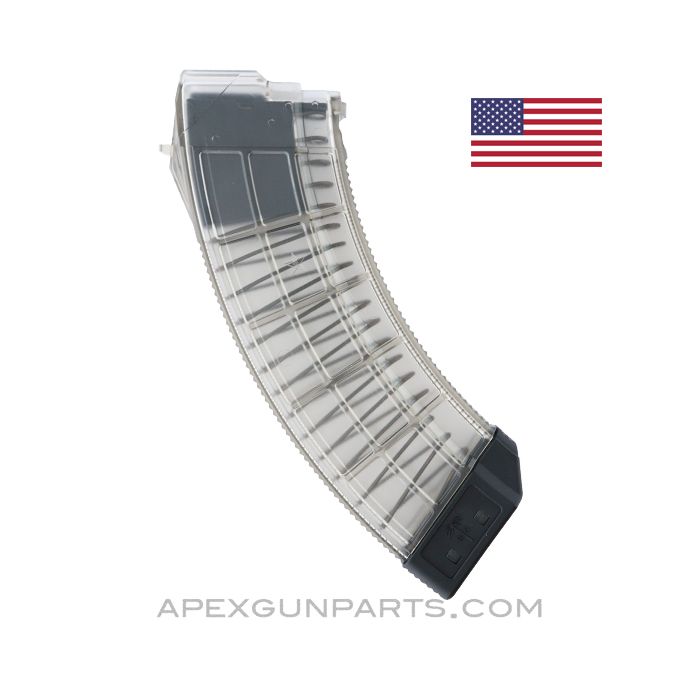 US PALM AK-47 Magazine, 30rd, Waffle Pattern, Translucent / Poly Black, Polymer Lug, 7.62x39 *NEW*
