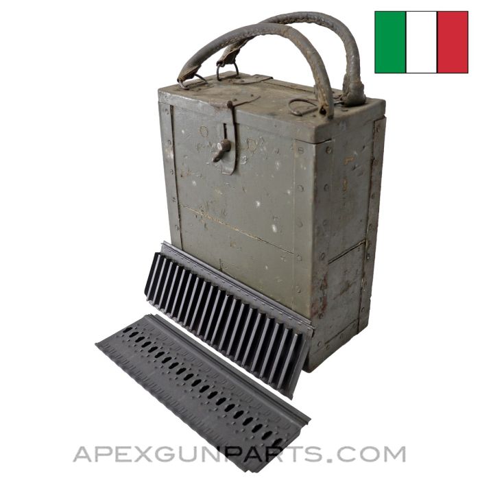 Breda M37 Feed Strips, Set of 12 in Wood Transit Case, Heavy Use on Carrier Handle and Case *Fair*
