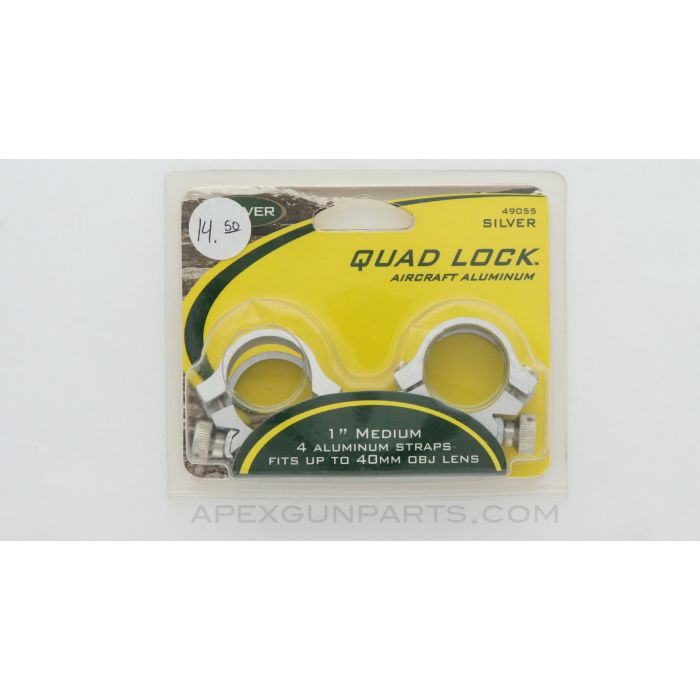WEAVER 49055 Quad Lock Scope Rings, 1", Up to 40mm OBJ, Aluminum Silver *NEW*