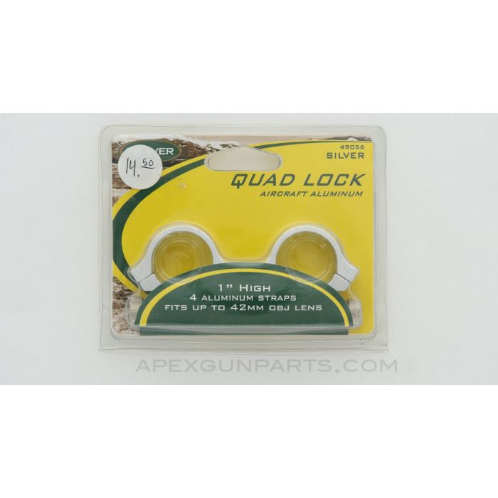 WEAVER 49056 Quad Lock Scope Rings, 1", Up to 42mm OBJ, Aluminum Silver *NEW*