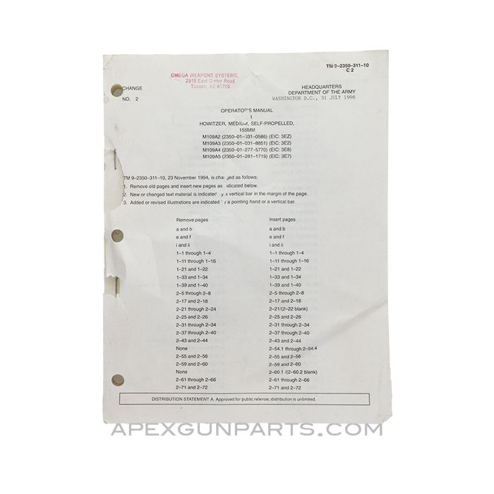 M109 155mm Howitzer Operator's Manual, TM 9-2350-311-10, Paperback *Good*