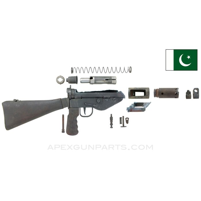 STEN Mk 5 SMG Parts Set w/Wood Stock & Grip, 9mm Luger, Torch Nicked Shroud, Pakistan 