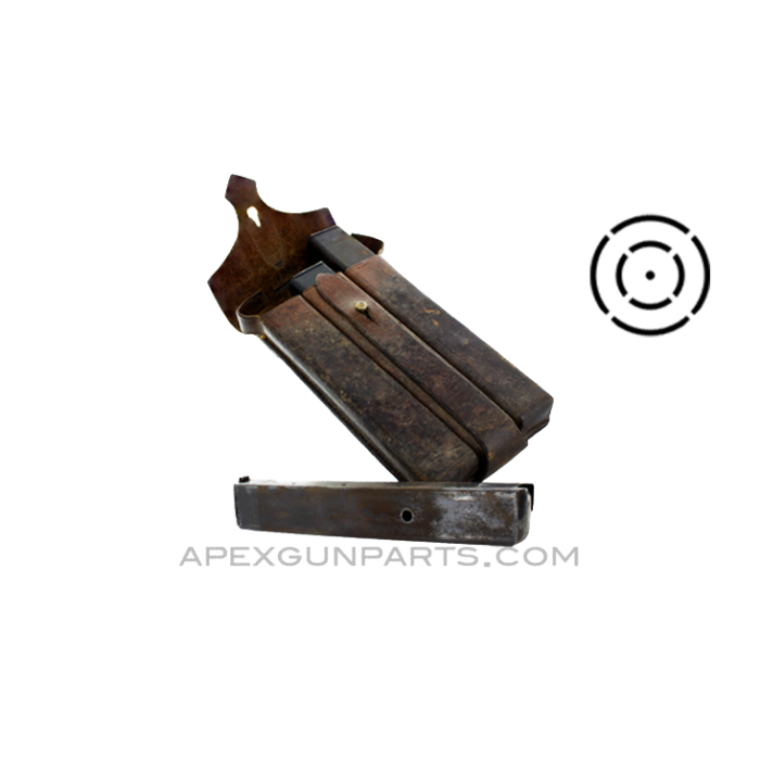 Steyr MP34 (3) Magazines in Leather Pouch, 32rd, 9x19 Parabellum, WWII, *Good* 