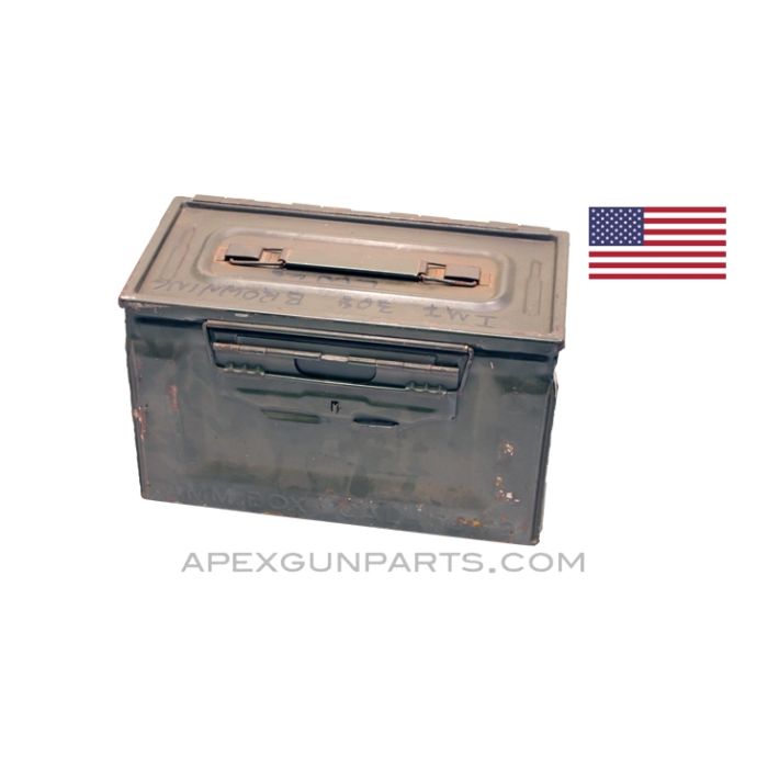 Browning M2 .50 Cal. Ammo Can, Side Opening Lid, Steel w/ Carry Handle, Green, *Good* 