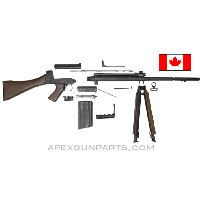 Canadian C2A1 FAL Heavy Rifle Parts Kit, 21" Barrel, Wood Stock with Bipod, 7.62X51 NATO, w/(1) Magazine, *Good* 