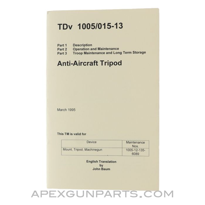 MG-3 Anti-Aircraft Tripod Operator's Manual, Translated From Original, Paperback, *NEW*