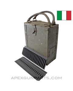 Breda M37 Feed Strips, Set of 12 in Wood Transit Case, Heavy Use on Carrier Handle and Case *Fair*