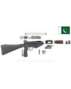 STEN Mk 5 SMG Parts Set w/Wood Stock &amp; Grip, 9mm Luger, Torch Nicked Shroud, Pakistan 