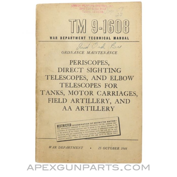 Ordnance Maintenance Technical Manual, War Department, Paperback, TM 9-1608, 1944 *Fair*