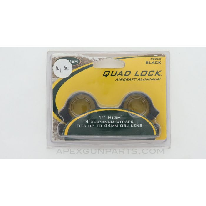 WEAVER 49052 Quad Lock Scope Rings, 1", Up to 44mm OBJ, Aluminum Black *NEW*