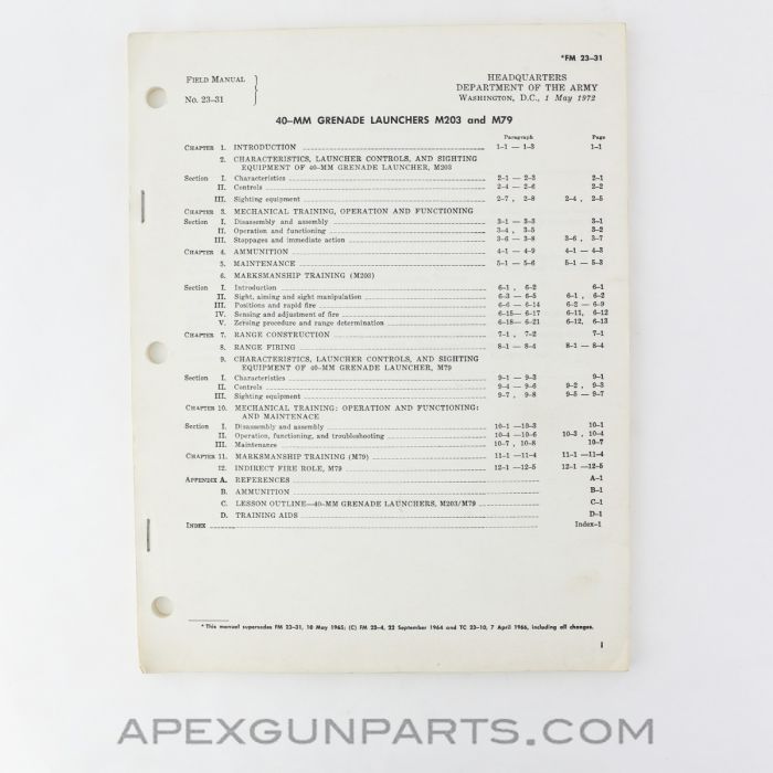 M203 / M79 40mm Grenade Launcher Field Manual, Paperback, Missing Cover, FM 23-31, May 1972 *Good*