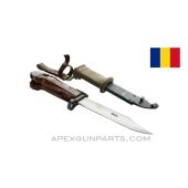 Romanian AK-47 Bayonet & Scabbard w/ Leather Hanger & C-Strap, Type 2 *Good* 