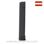 Factory Glock 9mm Magazine, 33rd. Ambidextrous Catch, Black Follower *Good*