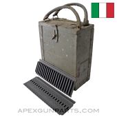 Breda M37 Feed Strips, Set of 12 in Wood Transit Case, Heavy Use on Carrier Handle and Case *Fair*